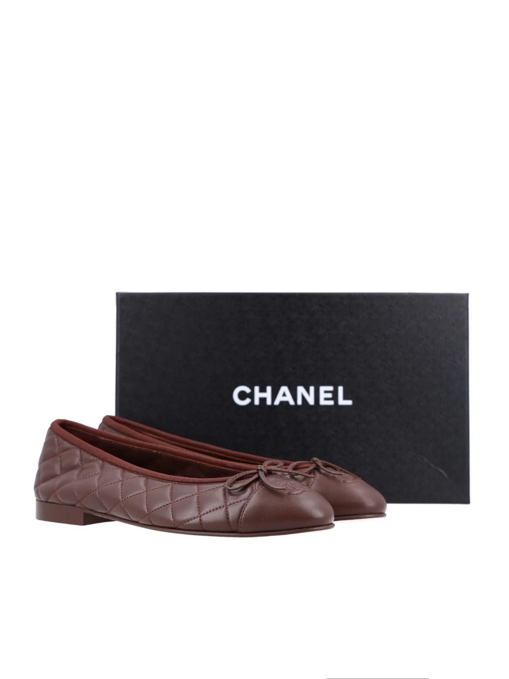 NIB CHANEL Chocolate Dark Brown Lambskin Quilted CC Bow Ballet Flats